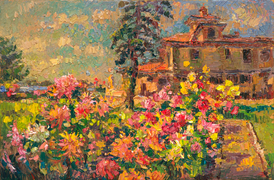 CAT# 3747  Enders Island Dahlia Garden  oil	12 x 18 inches  Leif Nilsson summer 2022	© 