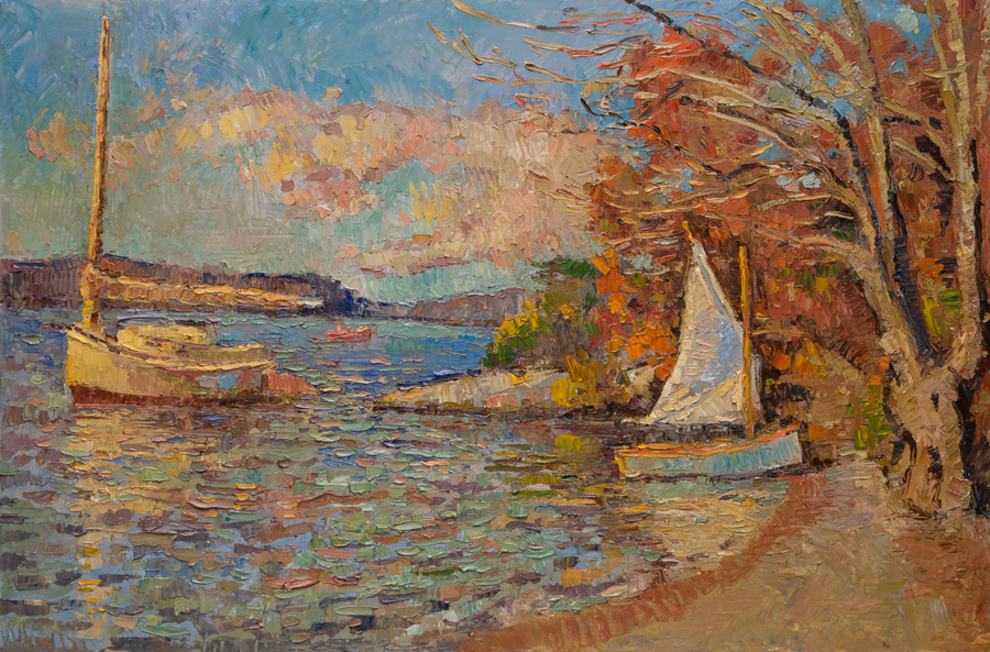 CAT# 3774 Ganesh at Swing Beach with Goat Island Skiff oil 24 x 36 inches Leif Nilsson autumn 2022 ©