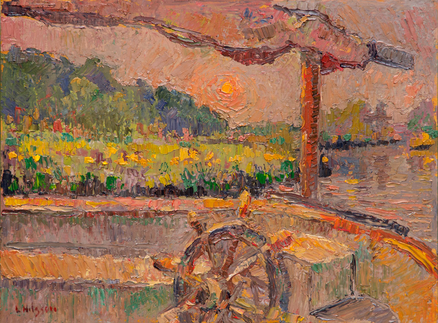 CAT# 3791 Ganesh at Seldens Creek with Yellow Flag Iris - afternoon oil 12 x 16 inches Leif Nilsson spring 2023 ©