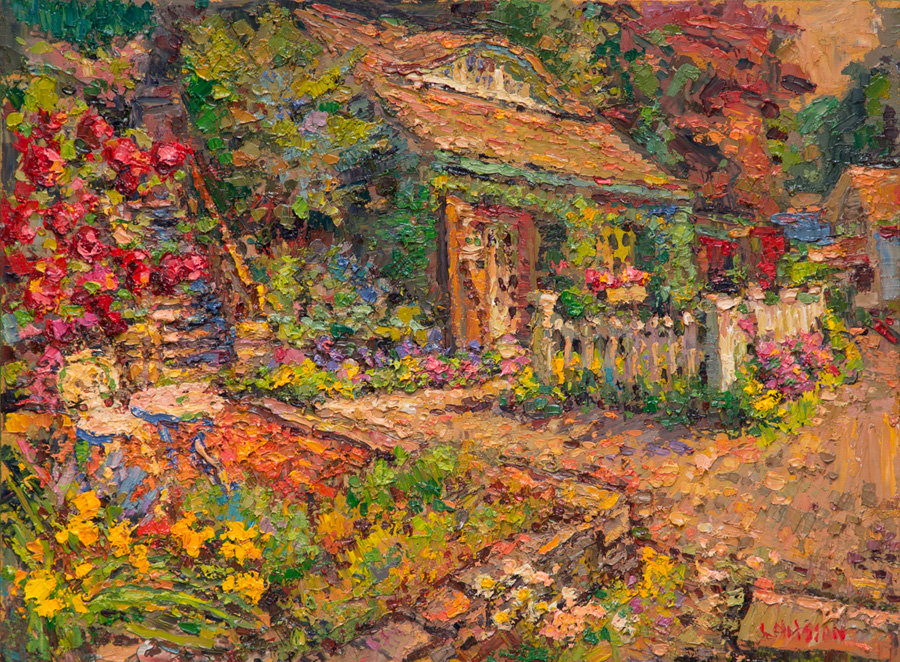 CAT# 3793.1  Studio Garden with Iris and Roses  oil	12 x 16	inches Leif Nilsson spring 2023	©