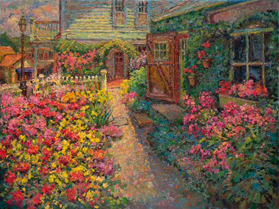 CAT# 3794  Studio Garden with Iris and Roses  oil	30 x 40	inches Leif Nilsson spring 2023	© 