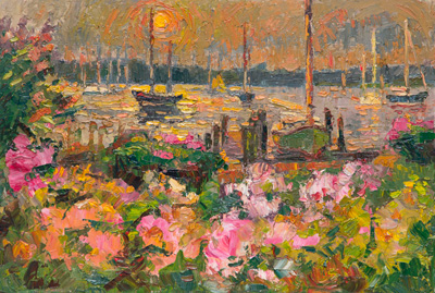 CAT# 3817 Ganesh at Stonington Garden Dock - sunset oil 12 x 18 inches Leif Nilsson summer 2023 ©