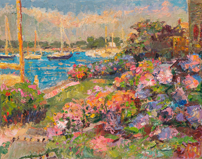 CAT# 3819  Ganesh at Stonington Garden Dock -morning  oil	16 x 20	inches Leif Nilsson summer 2023	©  