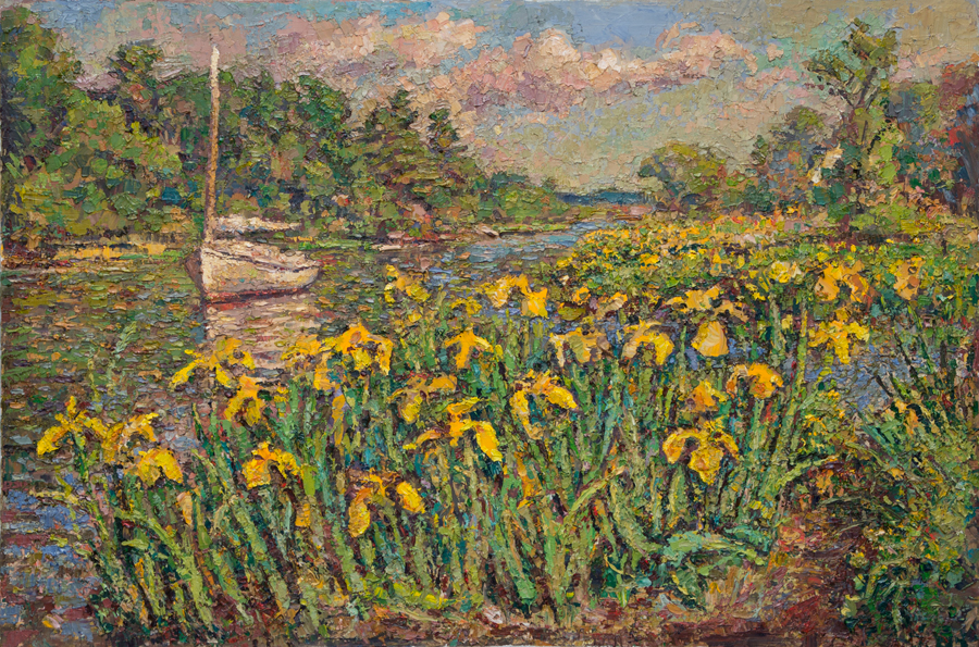 CAT# 3869 Seldens Creek with Iris  oil	24 x 36 inches Leif Nilsson spring 2024	© 