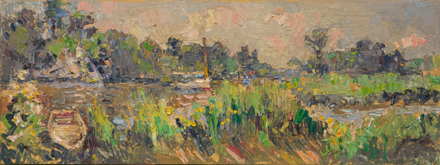 CAT# 3929 Seldens Creek with Yellow Flag Iris - morning oil 6 x 24 inches Leif Nilsson summer 2025 ©