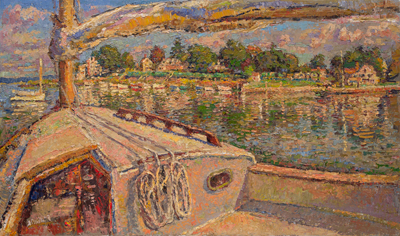 CAT# 3953 North Cove Old Saybrook Clothes Line Yacht Club from the Cockpit oil 24 x 40 inches