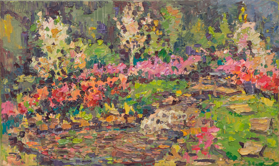 CAT# 3958 Connecticut Flower and Garden Show - pond garden oil 12 x 20 inches Leif Nilsson winter 2026 ©