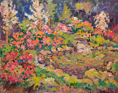 CAT# 3959  Connecticut Flower and Garden Show - pond bridge garden  oil	16 x 20 inches  Leif Nilsson winter 2026	&copy;