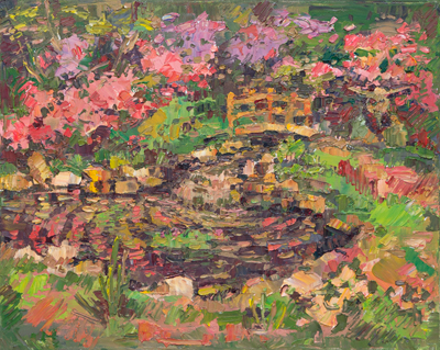 CAT# 3960  Connecticut Flower and Garden Show - pond bridge garden troll  oil	16 x 20 inches  Leif Nilsson winter 2026	&copy;